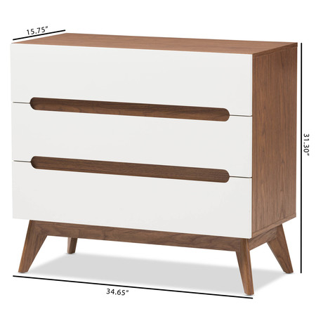 Baxton Studio Calypso Mid-Century White and Walnut Wood 3-Drawer Storage Chest 137-7499